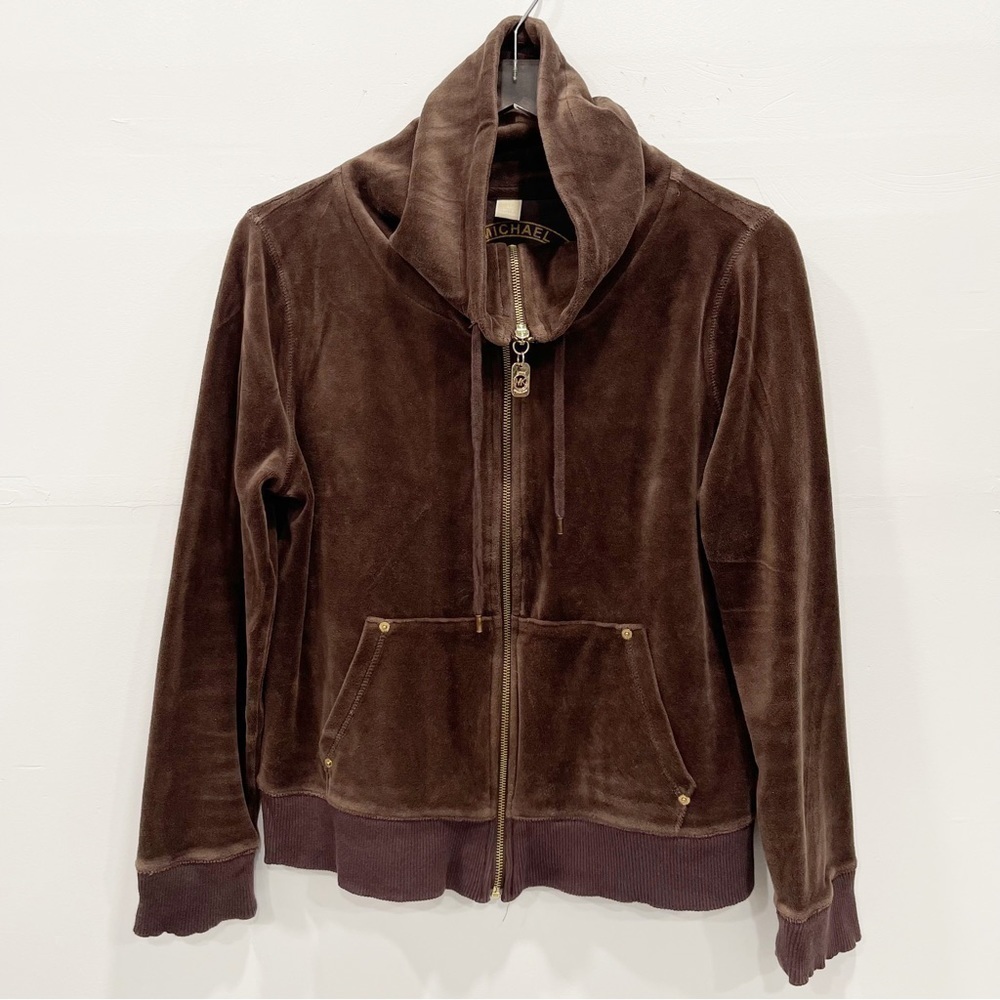 Michael Kors Brown High Neck Full Zip Velour Tracksuit Sweatshirt Large